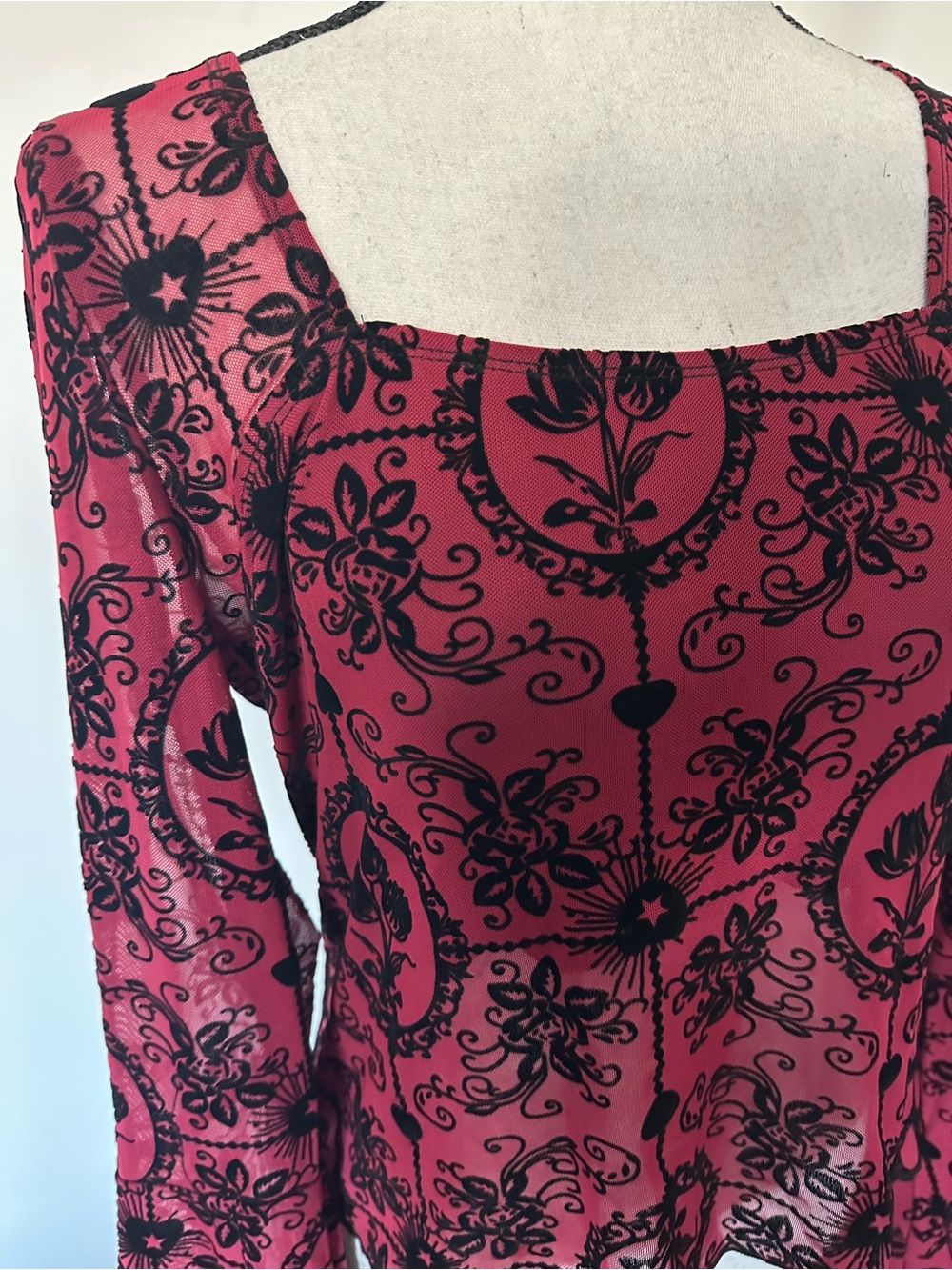 Whimsigoth Red Black Velvet Burnout Mesh Long Bell Sleeve Crop Top Goth Grunge - Picture 3 of 9